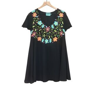 Judith March Flutter Sleeve Multicolor Floral Embroidery Dress Black Size Small